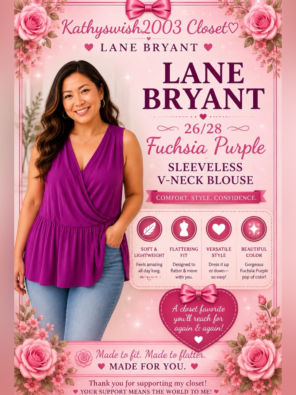 Lane Bryant 26/28 Fuchsia Purple Sleeveless V-neck Blouse